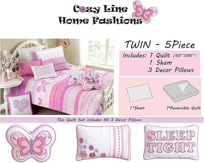 Cozy Line Home Fashions Cute Pink Butterfly Stripe Hearts 100% Cotton Soft Bedding Quilt Set, Coverlet, Bedspread (Twin - 5 Piece)