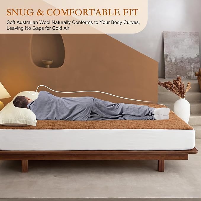 YOUR MOON Wool Fleece Mattress Pad Queen – Organic Australian Wool Plush Mattress Topper, 370GSM Velvet Breathable Bed Mattress Cover with 16" Deep Pocket, 60"x80", Brown