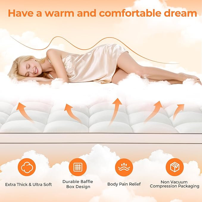 Ultra Soft Coral Fleece Queen Size Mattress Topper, No Compression Plush Thick Pillow Top Mattress Pad with Deep Pocket, Winter Warm Cozy Bed Topper Cover for Back Pain Relief