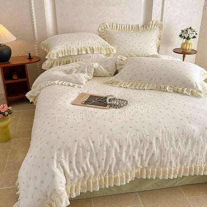 BuLuTu Lace Ruffled Floral Duvet Cover Twin, Romantic Princess Bedding Set Twin Soft Breathable Muslin Cotton Comforter Cover Kids Teens Girls Cottagecore Quilt Cover with 2 Pillowcases