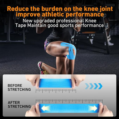 PreCut Kinesiology Tape for Knees, 12 PCS Waterproof KTQUICK Knee Tape for Knee Pain Relief Pre Cut, Original Cotton Athletic Knee Tape, Waterproof & Hypoallergenic Latex-Free for Sports (Blue)