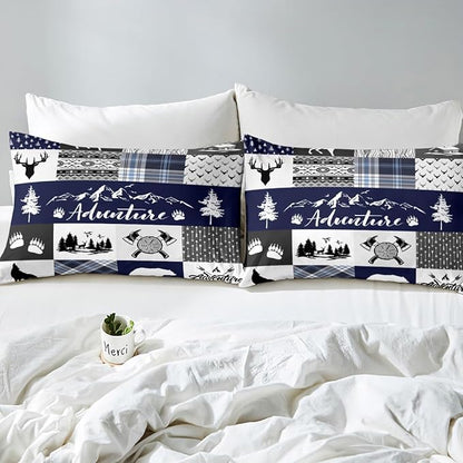 Castle Fairy Deer Bear Duvet Cover Set Full Size,Rustic Farmhouse Wildlife Patchwork Blue Comforter Cover with 2 Pillowcases,Camping Cabin Decor Boho Aztec Tribal Breathable Bedspread for Boys Teens