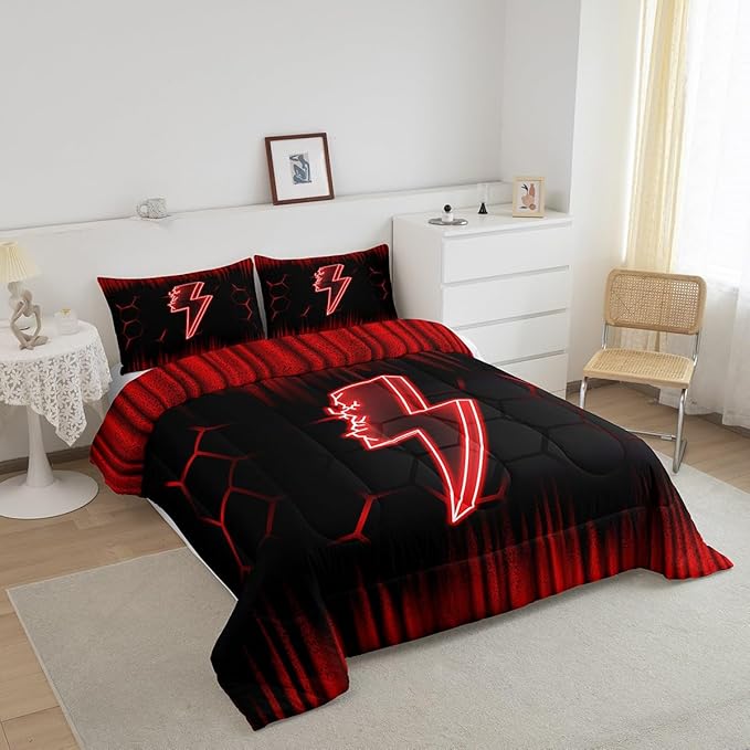 Feelyou Game Flash Bedding Set King Size Boys Girls Ombre Comforter Set for Kids Honeycomb Comforter Red Black Duvet Set Room Decor Quilt Set