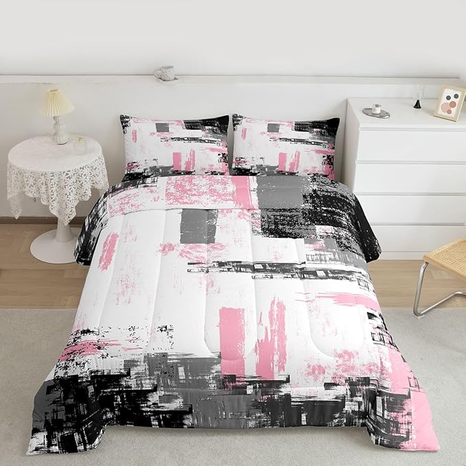 Feelyou Abstract Bedding Set Kids Modern Abstract Art Comforter Set Pink White Black Comforter for Boys Room Decor Lightweight Retro Duvet Set Full Size with 2 Pillow Case