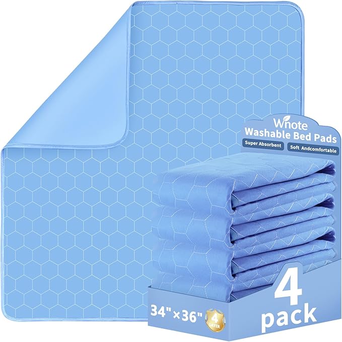 Waterproof Washable Underpads Pee Pad (Blue 34" x 36" 4 Pack), Reusable Absorbency Bedwetting Incontinence Bed Pads for Kids Adults Elderly Dog Pet, Puppy Pads for Mattress Couches Sofas Floors