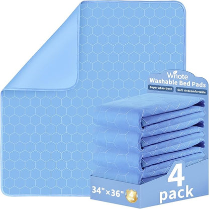 Waterproof Washable Underpads Pee Pad (Blue 34" x 36" 4 Pack), Reusable Absorbency Bedwetting Incontinence Bed Pads for Kids Adults Elderly Dog Pet, Puppy Pads for Mattress Couches Sofas Floors