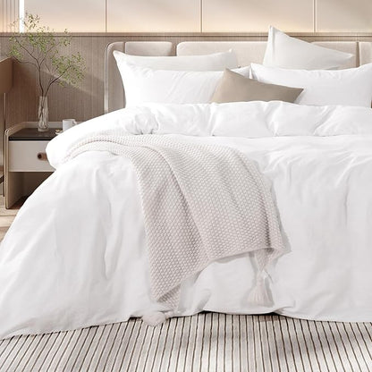 NEXHOME PRO Cotton Duvet Cover Queen Size White, Organic Natural Linen Feel 100% Washed Cotton 3 Pieces Bedding Set with Zipper Closure & Corner Ties, Breathable(No Comforter)
