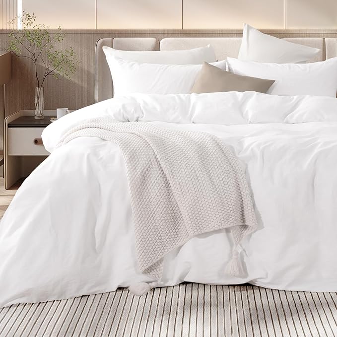 NEXHOME PRO Cotton Duvet Cover Set King Size Linen Feel White Organic Natural 100% Washed Cotton Duvet Cover Set 3 Pieces Bedding Set with Zipper Closure, Lightweight and Breathable (No Comforter)