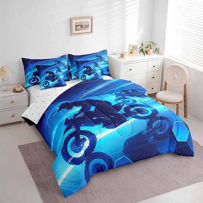 Feelyou Dirt Bike Comforter Set with Sheets King Size Racing Motocross Rider 7 Piece Bedding Set for Kids Boys Girls Teens Toddler Extreme Sports Bed in a Bag Blue Bed Set