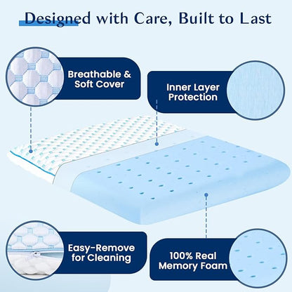 Stomach Sleeping Pillow for Stomach & Back Sleepers,Cooling Gel Thin Memory Foam Pillows for Back Shoulder Neck Pain Relief - Low Profile Ultra Flat Soft Pillow Cases with Zipper 2.25-Inches