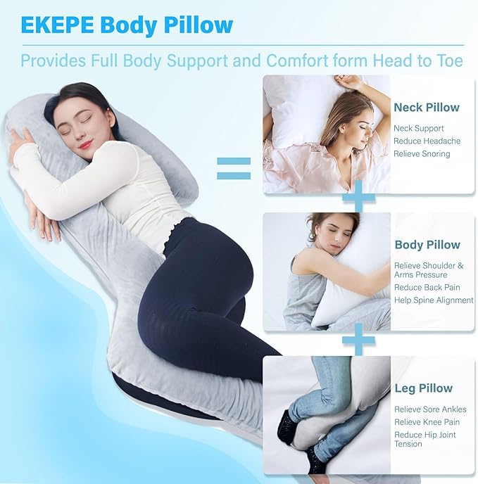 Body Pillow with Cover, 68 Inches Memory Foam Full Body Pillow for Side Sleeper, Long Pregnancy Pillow with Contour Support for Back, Knee, Leg Relief - Medium Grey
