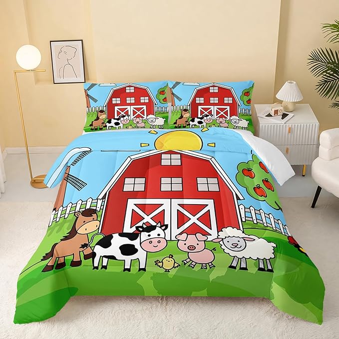 QOOMO Farm Animals Comforter,Farmhouse Comforter Set for Kids Teens Girls Boys,Cartoon Animals 3Pcs Bedding Set Printed Comforter with 2 Pillowcases,Down Alternative,Soft and Lightweight，Twin Size