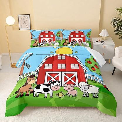 QOOMO Farm Animals Comforter,Farmhouse Comforter Set for Kids Teens Girls Boys,Cartoon Animals 3Pcs Bedding Set Printed Comforter with 2 Pillowcases,Down Alternative,Soft and Lightweight，Twin Size