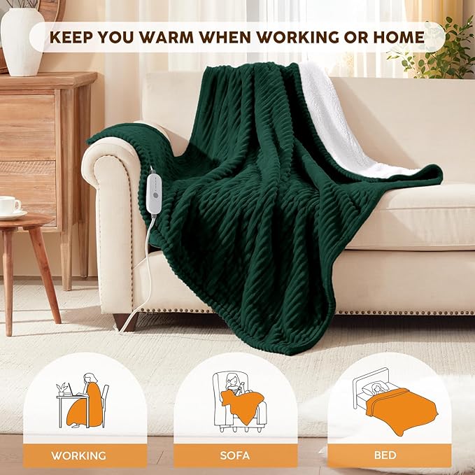 HYLEORY Heated Blanket Electric Queen, Soft Flannel Sherpa Heater 5 Heat Settings and 10 Hours Auto Shut-Off Heating Blanket ETL Certification Over-Heat Protection Machine Washable,Green