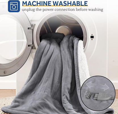Sealy Electric Blanket Queen Size, Flannel & Sherpa Heated Blanket, 10 Heat Settings, Auto Shut Off, Machine Washable, Light Grey, 84 x 90 Inch