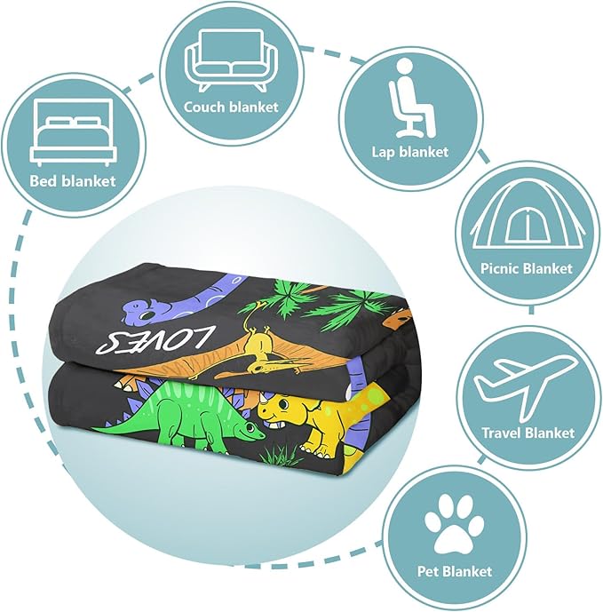 Dino Lover Blanket, Just A Girl Who Loves Dinosaurs Blanket, Soft Warm Cozy Fleece Throw, Gifts for Girls Women Kids, 50"x60", Black