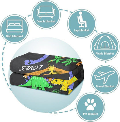 Dino Lover Blanket, Just A Girl Who Loves Dinosaurs Blanket, Soft Warm Cozy Fleece Throw, Gifts for Girls Women Kids, 50"x60", Black