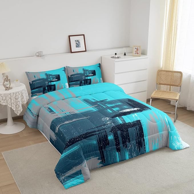 Abstract Comforter Modern Abstract Art Comforter Set for Boys Girls Children Teal Blue Pattern Bedding Set Room Decor Toddler Size Duvet Set 2Pcs