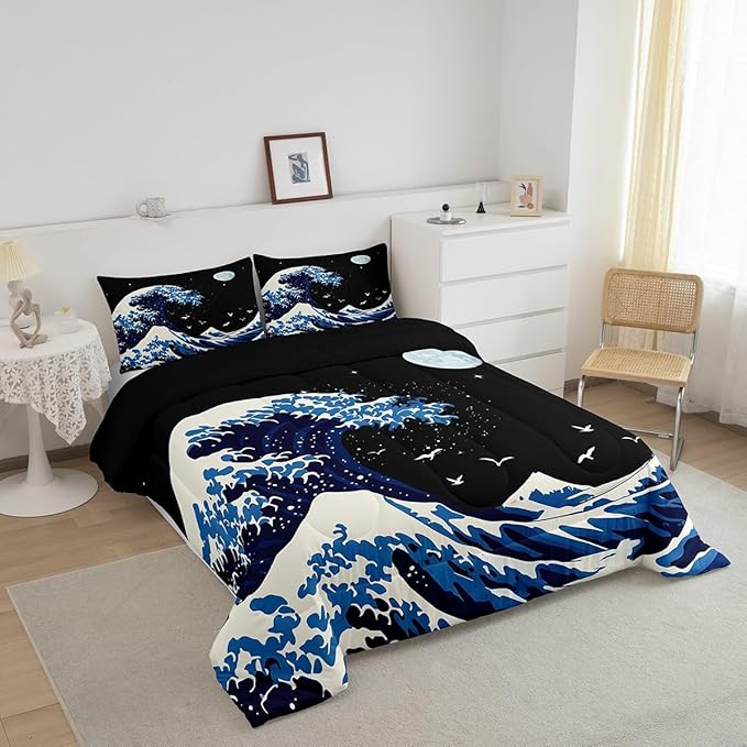 Feelyou Japanese Wave Comforter Set Queen Size Japanese Style Comforter for Boys Girls Teens Ocean Wave Bedding Set Sea Waves Duvet Set Room Decor Blue Black Quilt Set