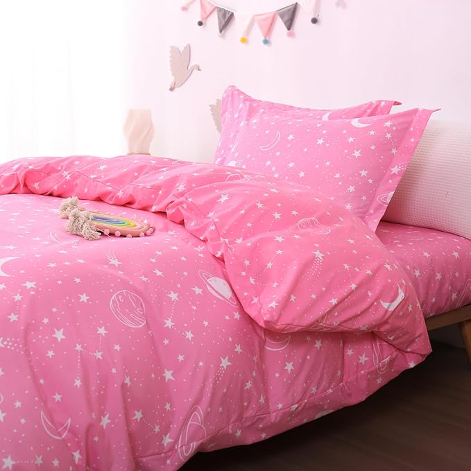 JSD Pink Stars Kids Duvet Cover Set Full Size, 3 Piece Girls Space Theme Microfiber Comforter Cover with Pillow Shams Zipper Closure, Comforter Not Included