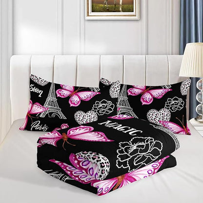 Pink Butterfly Comforter King Bedding Sets for Girls, Eiffel Tower Leopard Heart Pattern Bedding Sets with 2 Pillowcases,Aesthetic Bedding for Women Girls Bedroom Paris Decor.