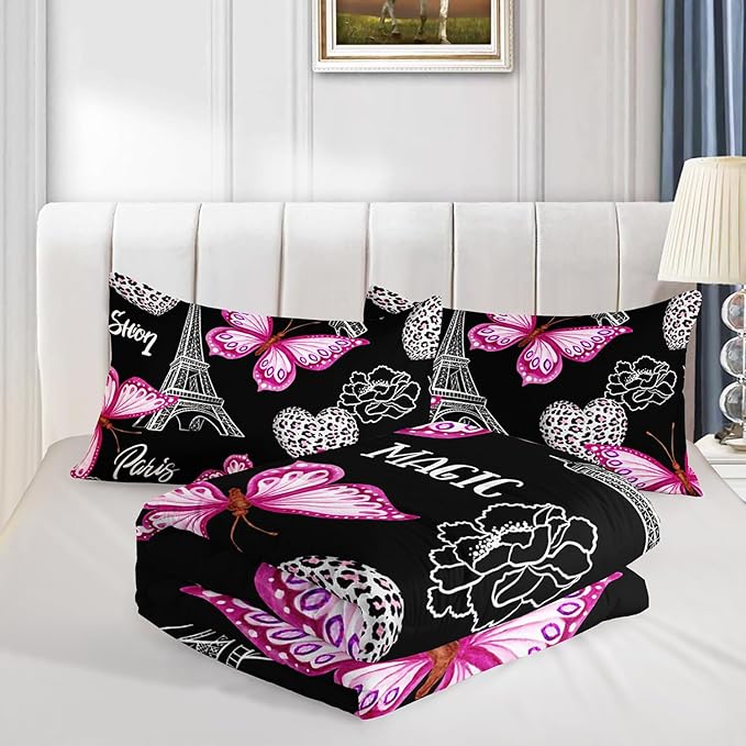 Pink Butterfly Comforter Full Bedding Sets for Girls, Eiffel Tower Leopard Heart Pattern Bedding Sets with 2 Pillowcases,Aesthetic Bedding for Women Girls Bedroom Paris Decor.