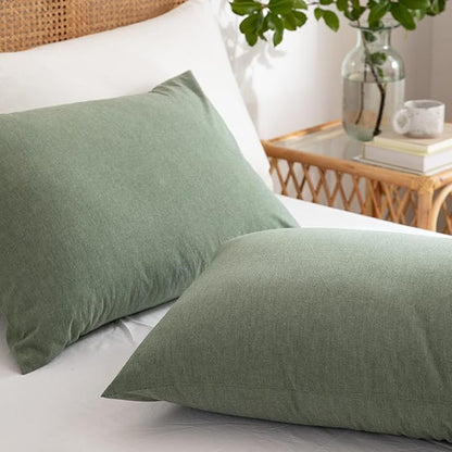 Green Duvet Cover King, 100% Washed Cotton Linen Like Textured 3 Pieces Bedding Set, Solid Color Simple Style Duvet Cover, Luxury Relaxed Feel Natural Wrinkled Breathable Soft Comfy (Green, King)