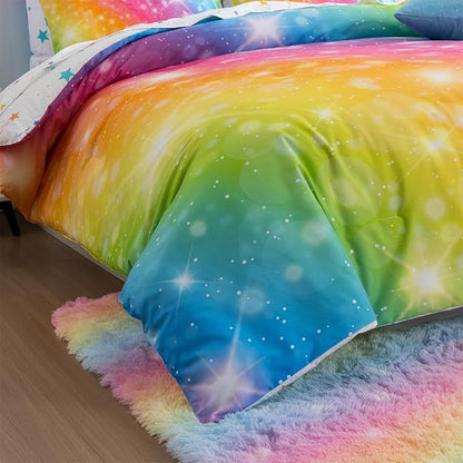 A Nice Night 6Pcs Gradient Glitter Bedding Set for Girls, Colorful Rainbow Galaxy Comforter Set, Ultra Soft Bedding Sets (Multi,Queen 6Pcs)