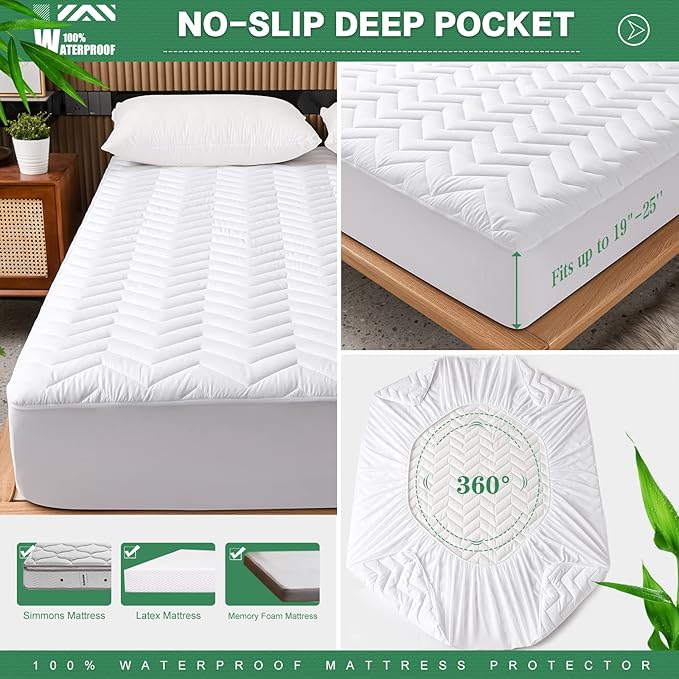 Unilibra Cal King Size Waterproof Mattress Pad Rayon Made from Bamboo, Quilted Breathable Mattress Protector, 6''-25'' Deep Pocket Fitted Mattress Cover White