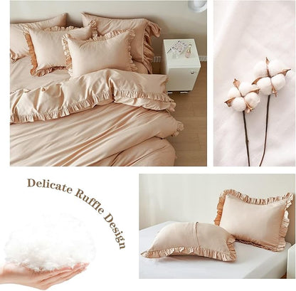 Simple&Opulence Kids 100% Organic Cotton Twin Duvet Cover Ruffle 2Pcs(1 Comforter Cover 1 Pillowcase) Cute Lace Vintage Boho Shabby Chic Farmhouse Bedding Set Teen Girls(Sand, Twin)