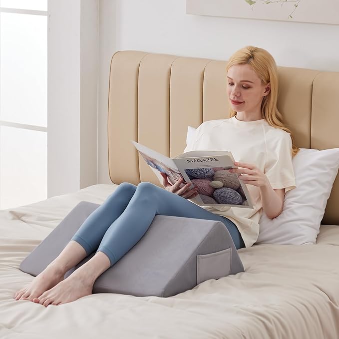 Knee Pillow for Back Sleeping, 8” Knee Wedge Pillow to Elevate Knee, Leg Pillow for Back Pain Relief, Triangle Pillow, Leg Elevation Pillows for After Surgery, Blood Circulation, Velvet