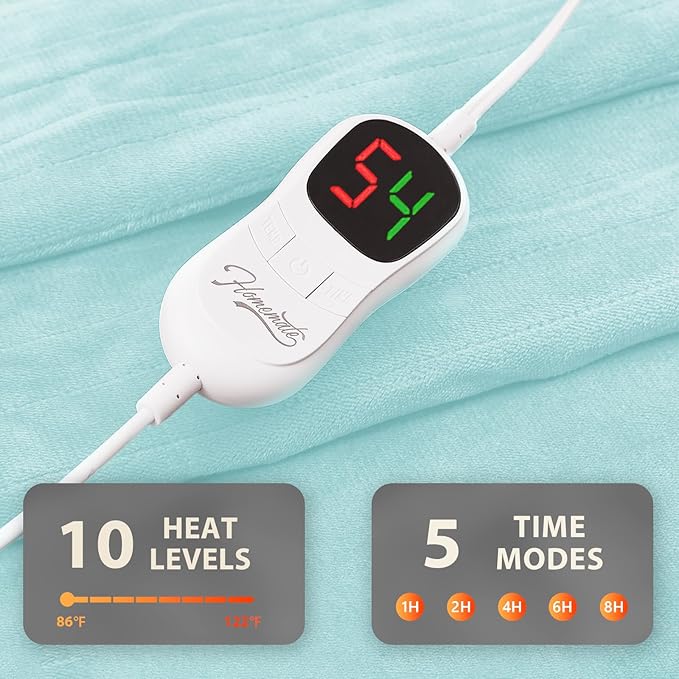 Homemate Electric Heated Blanket Queen Size - 84"x90" Heating Blanket Queen Size Dual Control 1/2/4/6/8 Hours Auto-Off 10 Heat Level Over-Heat Protection Flannel Sherpa ETL Certification
