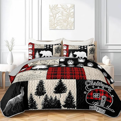 QOOMO Farmhouse Quilt Set King Size,Hunting Bedspread Coverlet Set,Bear 3Pcs Bedding Set Printed Quilt with 2 Pillowcases,Soft and Lightweight,for All Seasons