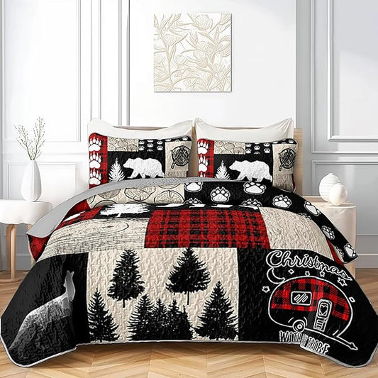 QOOMO Farmhouse Quilt Set King Size,Hunting Bedspread Coverlet Set,Bear 3Pcs Bedding Set Printed Quilt with 2 Pillowcases,Soft and Lightweight,for All Seasons