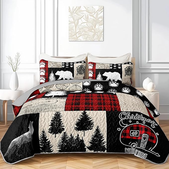 QOOMO Farmhouse Quilt Set Full/Queen Size,Hunting Bedspread Coverlet Set,Bear 3Pcs Bedding Set Printed Quilt with 2 Pillowcases,Soft and Lightweight,for All Seasons