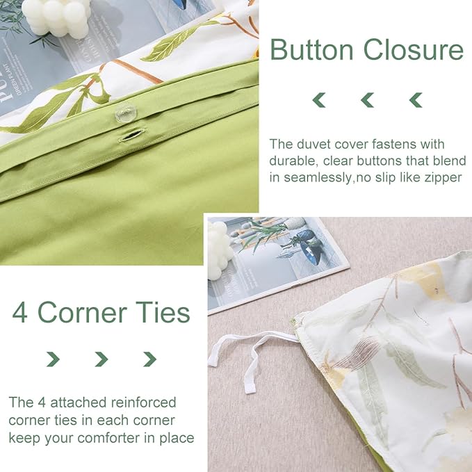 URBONUR Duvet Cover Full Size - 100% Cotton Leaves Birds Floral Full Bedding Set Soft & Breathable Green Comforter Cover with 2 Pillowcases, Button Closure Corner Ties