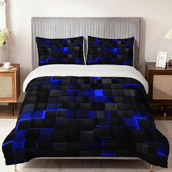 QOOMO 3D Abstract Geometric Sherpa Comforter Set, Blue Black Neon Light Honeycomb King Size Bedding Set, Ultra Soft and Cozy Sherpa Fleece Comforter, 1 Comforter 2 Pillowcases All Season