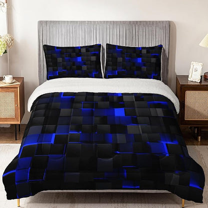 QOOMO 3D Abstract Geometric Sherpa Comforter Set, Blue Black Neon Light Honeycomb King Size Bedding Set, Ultra Soft and Cozy Sherpa Fleece Comforter, 1 Comforter 2 Pillowcases All Season
