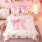 Erosebridal Bowknot King Bedding Sets for Girls,Initial Letter R Bed in A Bag for Kids Teen Women, Pink Floral Monogrammed Bed Set Bedroom Decor Dreamy Princess Bow Comforter Set with Sheets