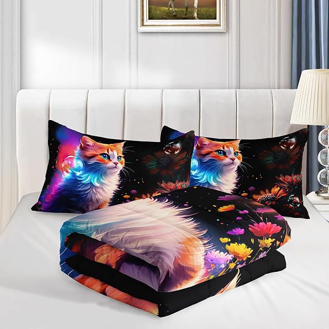 Cartoon Kawaii Cat Comforter Set Full Size 3D Animals Flower Toddler Bedding Set Cat Lovers Animal Bubble Design Quilt Bed Set for Girls Kids Teens