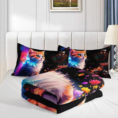 Cartoon Kawaii Cat Comforter Set Full Size 3D Animals Flower Toddler Bedding Set Cat Lovers Animal Bubble Design Quilt Bed Set for Girls Kids Teens