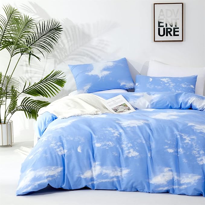 Wellboo Blue Sky Comforter Sets California King Blue and White Clouds Bedding Comforter Sets for Women Girls Soft Health Casual Abstract Cloud Print Bed Quilts Cal King Cotton Modern Blue Bedding