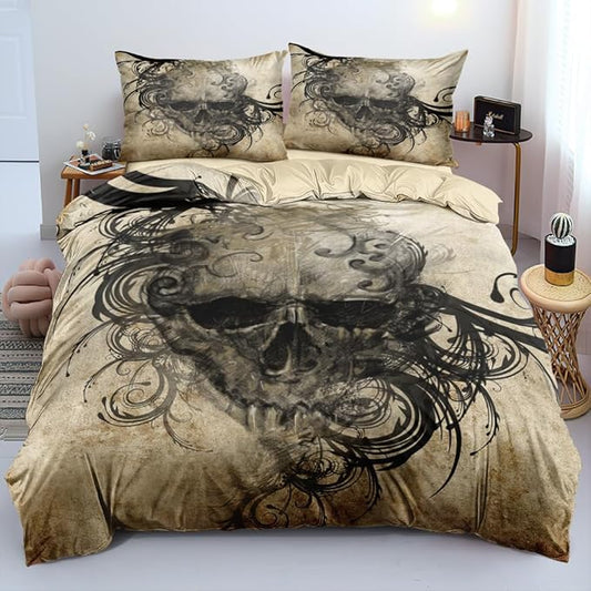 Goth Duvet Cover Set, Queen Size Spooky Skull Comforter Cover and Pillowcases Halloween Bedding Set Vintage Beige Gothic Bed Sets for Boys