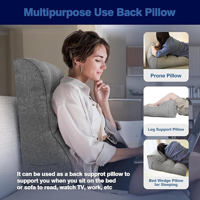 Daneey Reading Pillows for Sitting in Bed Adult, Back Support Pillow for Bed Removable Breathable Cover, Gray
