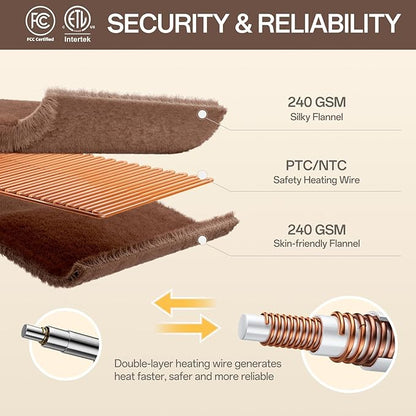 Heated Blanket Electric Throw 72" x 84" Full Size with 8 Heating Levels 10 Hours Time Setings and Auto-Shut Off, Flannel Fast-Heating Electric Blanket, Machine Washable ETL Certified, Brown