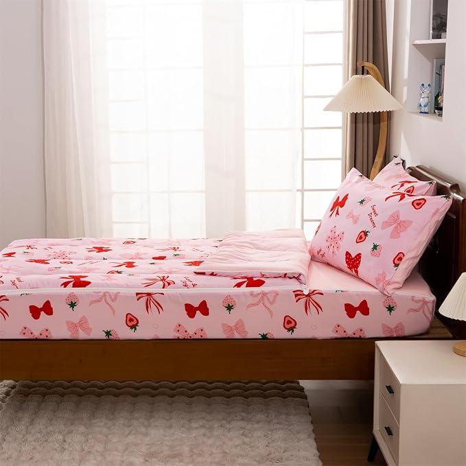 Holawakaka Kids Zipper Bedding Bow Comforter Set, Girls Women Twin Size Strawberry Bowknot Print Zippered Bed Sets, Child Cartoon Dorm Zip Bedding
