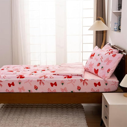 Holawakaka Kids Zipper Bedding Bow Comforter Set, Girls Women Twin Size Strawberry Bowknot Print Zippered Bed Sets, Child Cartoon Dorm Zip Bedding