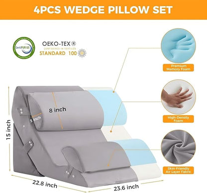4PCS Wedge Pillow Set for After Surgery, 10-in-1 Adjustable Wedge Pillow for Acid Reflux Relief, Bed Wedge Pillows for Sleeping, Snoring & Back Pain Relief, Sit up Pillow for Bed, Plush Grey