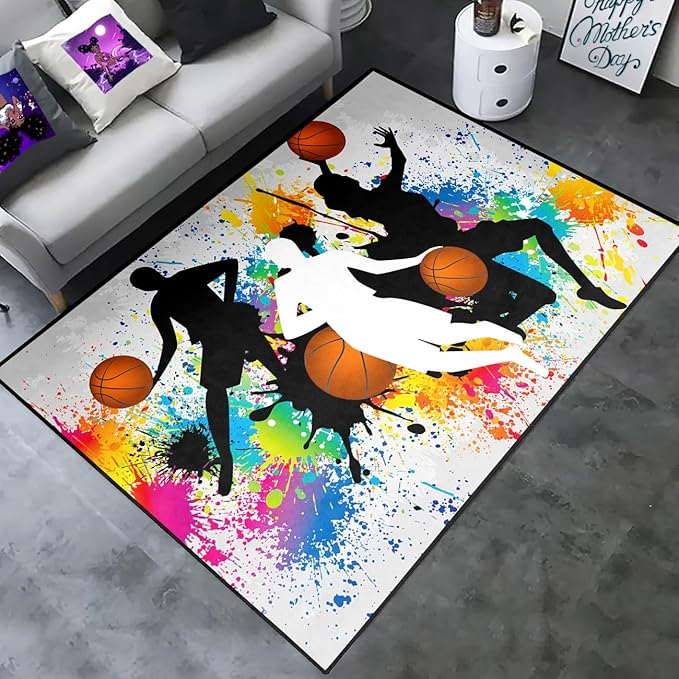Basketball Rug for Boys Bedroom - Sports Rug for Boys Bedroom Kids Carpet, Basketball Carpet for Playroom Living Room Floor Mats Indoor Outdoor, 4x5 Feet