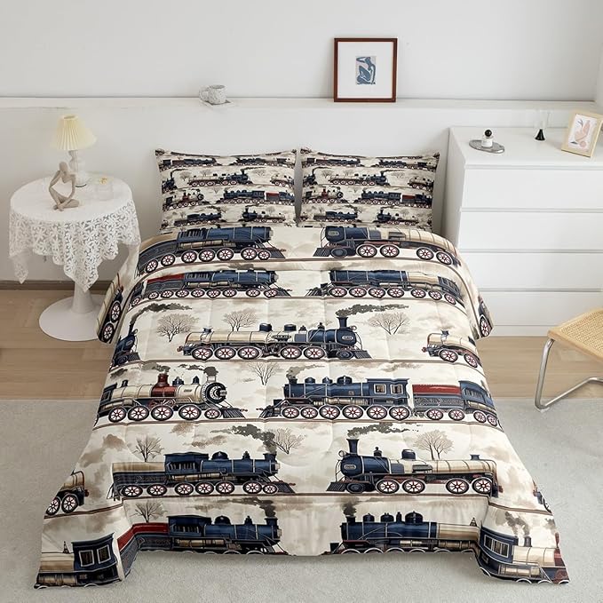 Erosebridal Kids Vintage Steam Train Bedding Sets for Car Lovers, Boys Retro Classic Steam Engine Vehicles Comforter Timeless Railroad Locomotive Duvet Set with 2 Pillow Cases (Full 3Pcs)